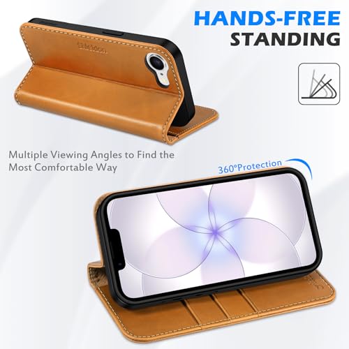 SHIELDON Genuine Leather Case Wallet for iPhone 17e/16e, Retro Light Brown | Flip Magnetic Cover, RFID Blocking, Credit Card Holder, Kickstand, Book Design, Shock-Absorbent Phone Cover - color: Retro Light Brown