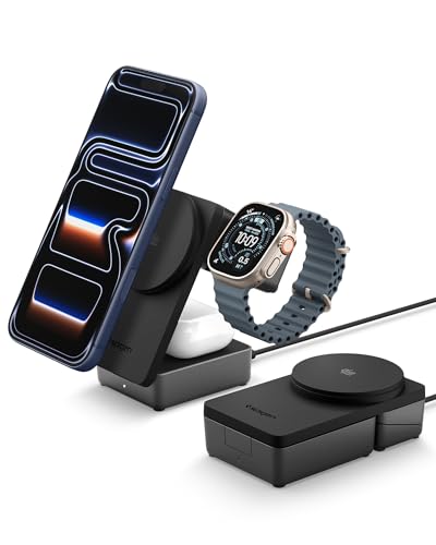 Spigen 3 in 1 Wireless Charging Station, Qi2.2 25W Fast Charger for MagSafe