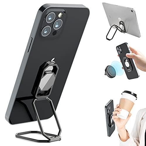 Phone Ring Holder Finger Kickstand, Upgraded 360° Rotation Metal Phone Grip for Magnetic Car Mount Foldable Cell Phone Stand Compatible with Most Smartphones - color: Grey Black