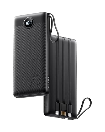 VRURC Portable Charger 20000mAh, Built-in Cables Fast Charging Power Bank, PD QC 3.0 Travel Essentials Battery Pack, 4 Output & 2 Input Phone Charger for iPhone, Samsung, Android - color: Black