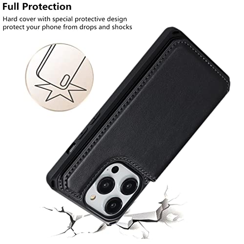 iCoverCase Compatible with iPhone 14 Pro Wallet Phone Case with Card Holder for Women, RFID Blocking Embossed PU Leather Wrist Strap Case 6.1 Inch (Macaron Black) - color: P-Black