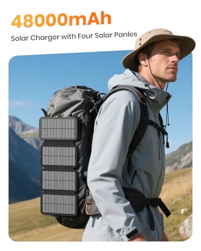 Solar Power Bank 48000mAh Built in 4 Cables, Wireless Portable Charger - color: Deep black