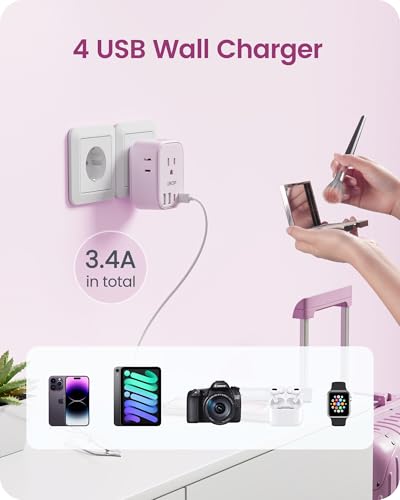 LENCENT European Travel Plug Adapter US to Europe Type-C Foldable Plug - style: Type C-17.5W-Most of Europe-Pink