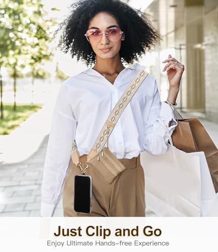 TiMOVO Clip and Go Phone Strap Crossbody with Leather Wallet, Adjustable Anti-Theft Lanyard with Pouch for Most Phone Case - color: Khaki + Beige