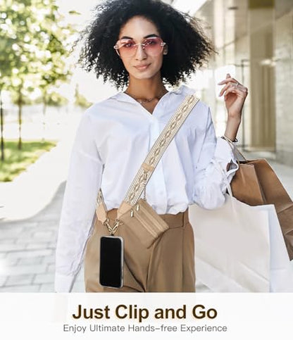 TiMOVO Clip and Go Phone Strap Crossbody with Leather Wallet, Adjustable Anti-Theft Lanyard with Pouch for Most Phone Case - color: Khaki + Beige