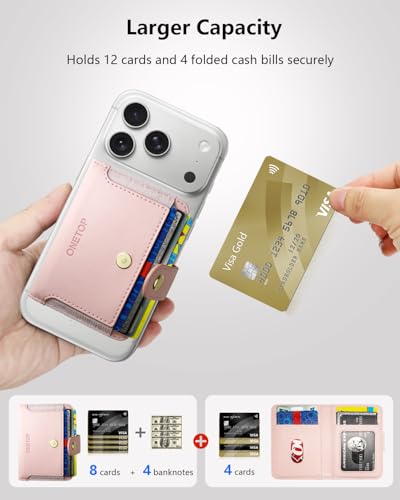ONETOP for MagSafe Wallet,Magnetic Phone Wallet with 5 Card Slots,Pink | 1-12 Cards/Cash Holder for iPhone 17/16/15/14/13/12 Series,Detachable Wallet Stick-On Back,PU Leather RFID Blocking Kickstand - color: Pink