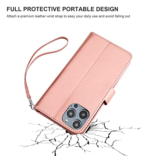 Bocasal Detachable Wallet Case Card Holder for iPhone 14 Pro, Rose Gold | RFID Blocking Kickstand Card Slots Holder PU Leather Magnetic Shockproof Wrist Strap Removable Flip Protective Cover 6.1 inch - color: Rose Gold