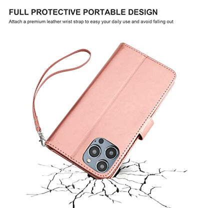 Bocasal Detachable Wallet Case Card Holder for iPhone 14 Pro, Rose Gold | RFID Blocking Kickstand Card Slots Holder PU Leather Magnetic Shockproof Wrist Strap Removable Flip Protective Cover 6.1 inch - color: Rose Gold