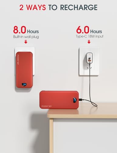 citicr Portable Charger 20000mAh PD20W w/Built-in Cables & Wall Plug Red - color: Ruby