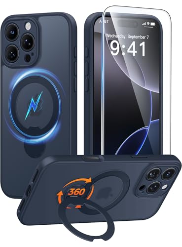 FNTCASE for iPhone 16 Pro Max Case with 360 Spin Magnetic Stand Deep Blue | Compatible with Magsafe,Screen Protector,Full Camera Protection,Translucent Matte Military Grade Shockproof Phone Cover - color: Deep Blue, size: For Iphone 16 Pro Max 6.9 Inch