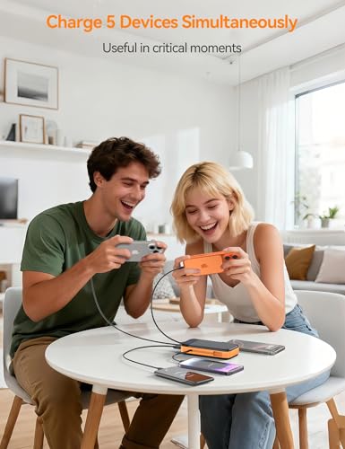 Phone Battery Bank 32000mAh 22.5W w/Built-in Cables & USB C Fast Charging - color: Orange