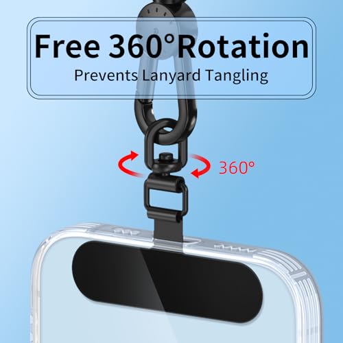 saxsion 360° Rotating Phone Tether Tab & Lanyard Connector, 44lbs Stainless Steel Phone Clip, Universal Swivel Adapter for Straps, No-Adhesive Case Insert (Fashion Silver+Black) - color: 360° Swivel (Silver+black)