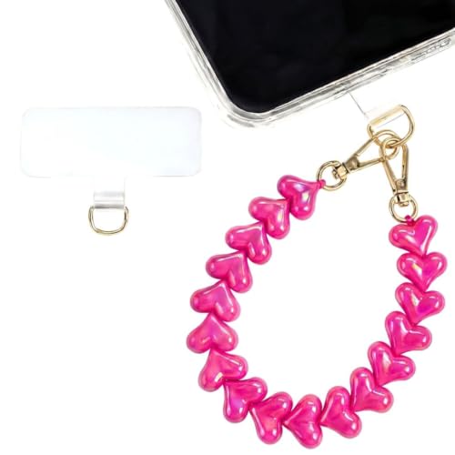 Heart Beaded Phone Wristlet | Phone Wrist Strap With Tether Tab | Cute Accessory for Phone, AirPods, Bag, Keys, Camera - color: Hot Pink