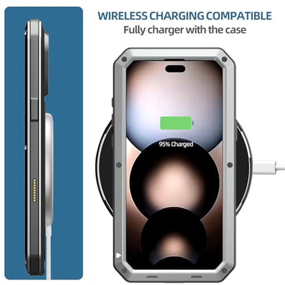 Compatiable with iPhone 17 Pro Case,360 Full Body Protective Cover Heavy Duty Shockproof [Tough Armour] Aluminum Alloy Metal Case with Silicone Built-in Screen Protector - Silver - color: Silver
