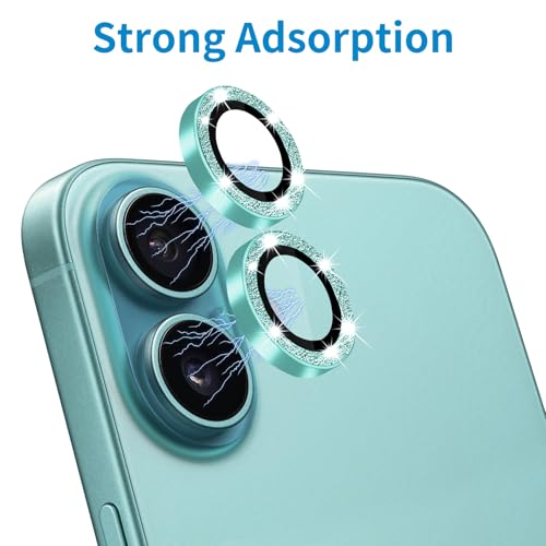 Designed for iPhone 16 and 16 Plus Camera Lens Protector, Bling Glitter Diamond Lens Cover 9H Tempered Glass Camera Cover Anti Scratch Shockproof Screen Protector - color: Teal Glitter