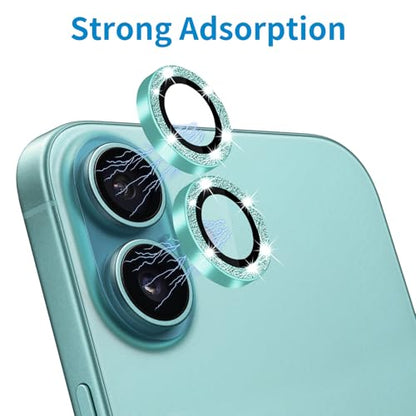 Designed for iPhone 16 and 16 Plus Camera Lens Protector, Bling Glitter Diamond Lens Cover 9H Tempered Glass Camera Cover Anti Scratch Shockproof Screen Protector - color: Teal Glitter