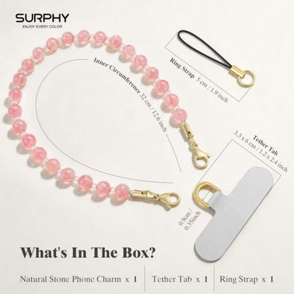 SURPHY Natural Stone Phone Charm, Beaded Phone Wrist Strap with Tether Tab - color: Watermelon Pink