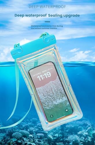 Blue Floating Waterproof Phone Pouch, Holographic Laser TPU Dry Bag with Air Padding, Touch Responsive Case for Swimming, Snorkeling - color: Blue
