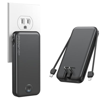 Nusyddy Portable Charger 10000mAh Fast Charging w/Built-in Wall Plug Black - color: Black