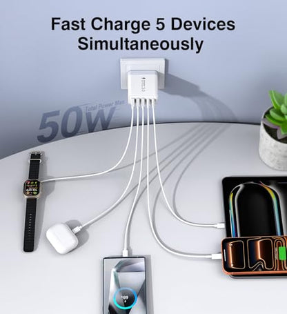 2Pack USB C Fast Charger Block, 60W 5-Port USBC Wall Charger Plug Adapter