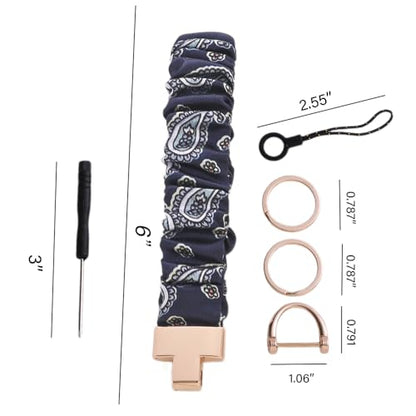 Blue Floral Scrunchie Wristlet Keychain– Tarnish-Resistant Key Ring - color: Navy Blue