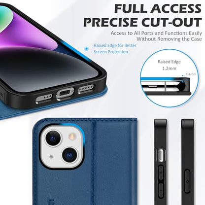 SHIELDON Genuine Leather Case Wallet for iPhone 14 6.1" 2022, Royal Blue | Magnetic Closure, RFID Blocking, Credit Card Slot, Kickstand, Flip Book Design, Shockproof Phone Cover - color: Royal Blue