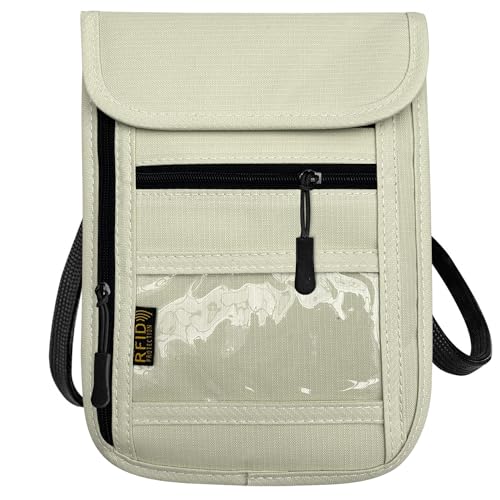 RFID Blocking Travel Neck Wallet Pouch and Passport Holder, Travel Neck Pouch Passport Holder for Women & Men - Beige - color: beige