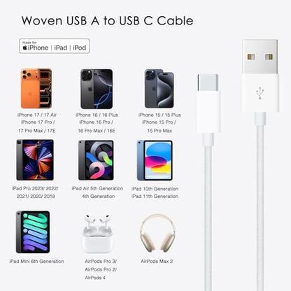 1.5FT Short IPhone 17/17E/16/16E/15 Woven Cable, USB A to USB C CarPlay Charger Cable for iPhone 15 16 17 Pro Max, Plus/Air, iPad 10th Gen, iPad Pro 12.9/11, Air 5th/4th Gen, Mini 6th Charging Cord - size: 1.5FT, style: USB A to USB C