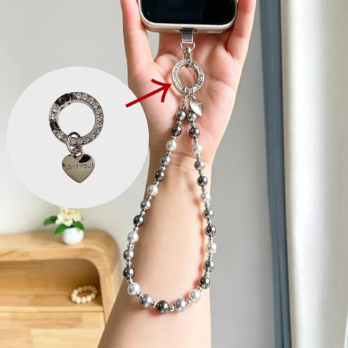 Phone Charm Wrist Strap for Women, Detachable Anti-Theft Cell Phone Case Camera AirPods Bags Keychains Lanyard with Tether Tab for iPhone, Samsung and Most Smartphones, Hand-free Beaded Chain (Black and Gray) - color: Black and Gray