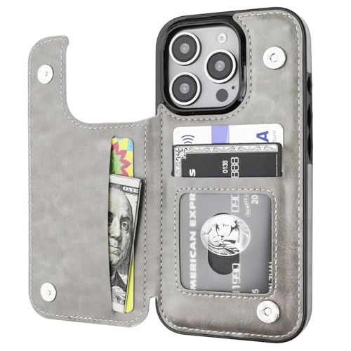 ONETOP for iPhone 16 Pro Wallet Case with Credit Card Holder,Gray | Kickstand,ID/Cash Holder,Case Wallet with Card Slots,Double Magnetic Clasp,Durable PU Leather Shockproof Cover for Women Men - color: Gray