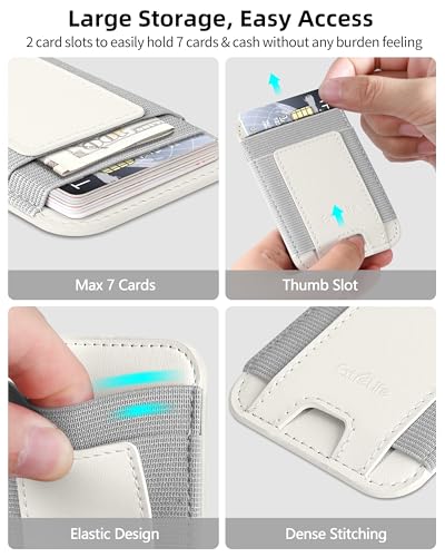 Phone Card Holder, Leather Phone Wallet Stick On, Fit 7 Cards | RFID Blocking, Stronger Adhesive Card Holder Back of Phone, Credit Card Holder for Phone Case iPhone, Samsung, Milk White - color: White