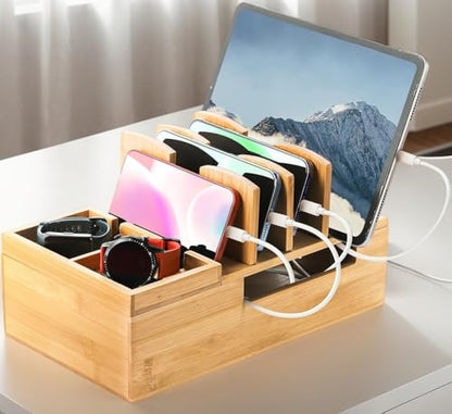 Fasmov Bamboo Charging Station, Charging Stand for Multiple Devices, Electronic Device Desktop Dock Stations Organizer, Cell Phone Docking Stations for Multi Laptop, Tablets, IPads, Watch, Earbuds