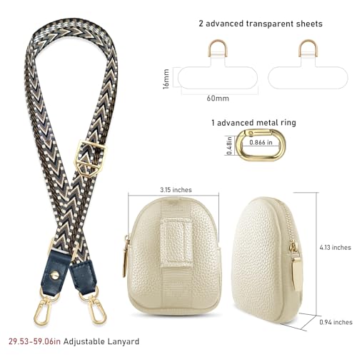 UKON Adjustable Phone Lanyard Crossbody Strap With Wallet Clip-and-Go Strap with Zippered Pouch Widened Phone String for iPhone Hands-Free for Travelling Concerts - color: Black+beige