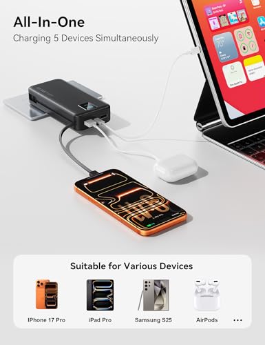 Portable Charger 20000mAh 22.5W w/Built-in Cable & Wall Plug Black - color: Ebony