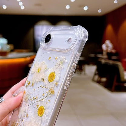 Compatible with iPhone 17 Air Case Clear Cute Real Flowers | Handmade Natural Pressed Dried white Flower Gliter Soft TPU Slim Protective phone cover for iphone 17 Air - color: White Flower, size: iphone Air