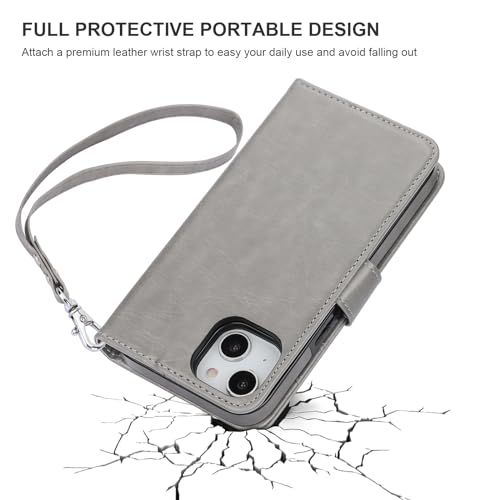 Bocasal Detachable Wallet Case Card Holder for iPhone 14, Grey | RFID Blocking Kickstand Card Slots Holder PU Leather Magnetic Shockproof Wrist Strap Removable Flip Protective Cover 6.1 inch - color: Gray