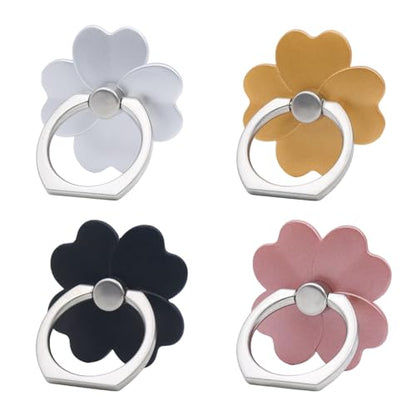 4 PCS Cell Phone Ring Holder, Flower Cell Phone Ring Stand 360 Rotate and 180°Angle Adjustable Metal Finger Rings Socket Kickstand for Smartphones(Four Leaf Clover)
