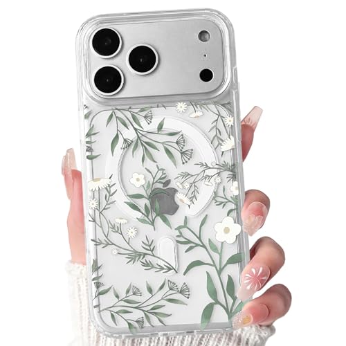 Lovmooful Magnetic for iPhone 17 Pro Max Case Cute Flower-Green Leaves | Compatible for MagSafe,Clear Floral,with Aesthetic Design,for Girls Women,Soft TPU+PC,Shockproof,Protective,Girly - color: Green Leaves, size: iPhone 17 Pro Max