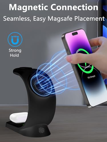 3 in 1 Wireless Charging Station, 15W Fast Magnetic Wireless Charger - color: Black