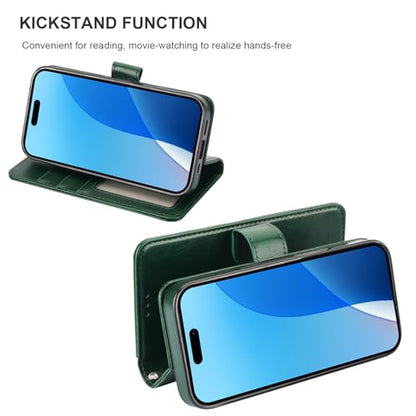 Bocasal Detachable Wallet Case Card Holder for iPhone 16, Green | RFID Blocking Kickstand Card Slots Holder PU Leather Magnetic Shockproof Wrist Strap Removable Flip Protective Cover 6.1 inch - color: Green