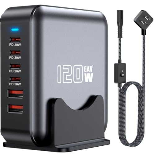 USB C Fast Charger Block, 120W 6-Port Charging Station Hub Adapter, USB C Wall Multi Charger Power Strip Plug with On/Off Switch for iPad iPhone 17 16 15 14 13 12 Pro Max Galaxy S23 (Black) - color: Black