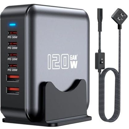 USB C Fast Charger Block, 120W 6-Port Charging Station Hub Adapter, USB C Wall Multi Charger Power Strip Plug with On/Off Switch for iPad iPhone 17 16 15 14 13 12 Pro Max Galaxy S23 (Black) - color: Black