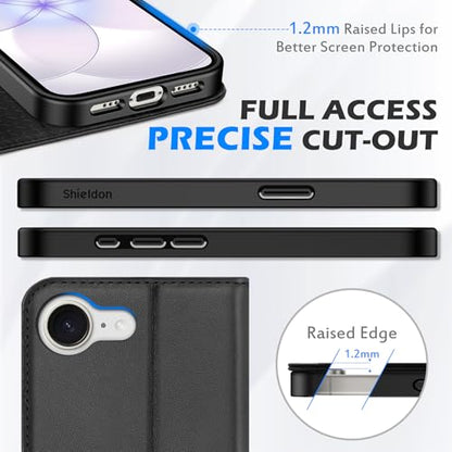 SHIELDON Genuine Leather Folio Wallet Case for iPhone 17e/16e 6.1", Black | Flip Magnetic Cover, Kickstand, RFID Blocking, 3 Credit Card Holder, Book Design, Shockproof, Soft Inner Phone Case - color: Black