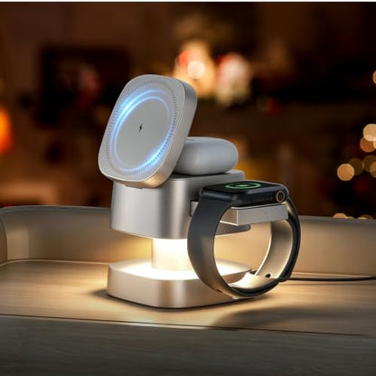 4 in 1 Charging Station for Apple Devices, 3 in 1 Wireless Charger Stand with Night Light for iPhone 17/16/15/14/13/12 Pro Max, Watch AirPods, 15W MagSafe Magnetic Charging for Bedroom Office - color: Titanium‑Gray