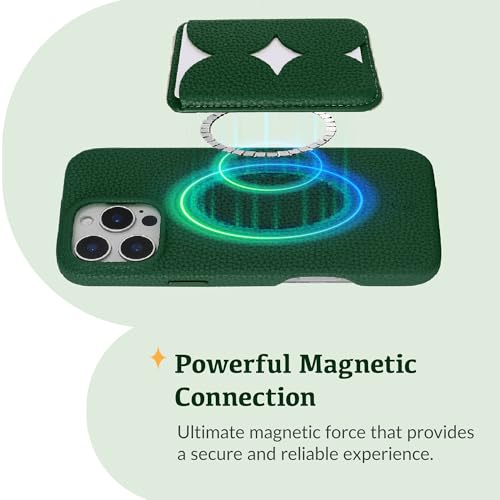 Luner - Magnetic Leather Card Wallet Compatible with Magsafe - [for iPhone 17, 16, 15, 14, 13, 12 series] - [Holds 2 cards] - [Made of Vegan Leather] - Dark Green - color: Leafy Green, style: Classic