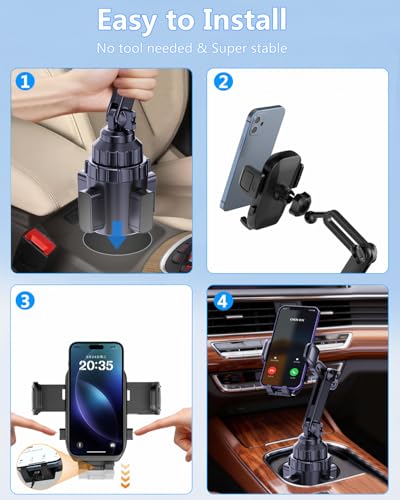 Universal Car Cup Holder Phone Mount with Detachable Base & Long Neck, 360° Rotating for No-Shake View, Securely Fits 65-106mm Large Truck/SUV Cups, Compatible with All 4-7 Inch Smartphones