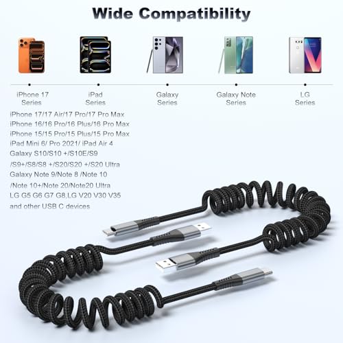 FOXSEA USB A to USB C Cable Coiled & Braided for iPhone 17/16/15 (1-3ft) - color: Black-2Pack