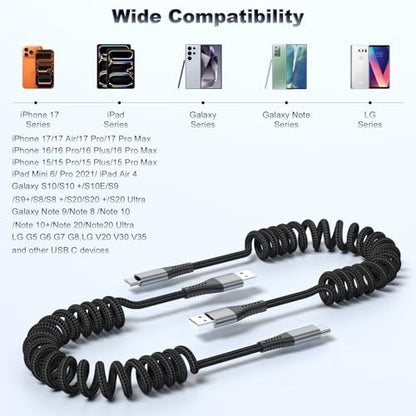 FOXSEA USB A to USB C Cable Coiled & Braided for iPhone 17/16/15 (1-3ft) - color: Black-2Pack