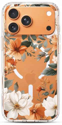 Ranz Clear Case Compatible with MagSafe for iPhone 17 Pro Max – Transparent Orange Floral Green Leaves Case for Women Girls, Anti-Yellowing Slim Shockproof Protective Cover - Orange Flower - color: Orange Floral, size: iPhone 17 Pro Max