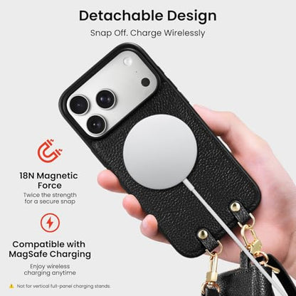 ORNARTO Magnetic Detachable Wallet Case for iPhone 17 Pro Max, Black | Compatible with MagSafe, Crossbody Wallet Case with Card Holder Wrist Strap, RFID Blocking PU Leather Wallet Phone Cover 6.9” - color: Black